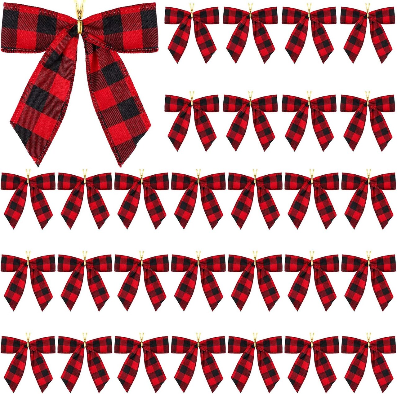 30 Pieces Small Christmas Bows Red and Black Buffalo Plaid Bows Xmas Hanging Ribbon Bows for Christmas Tree Home Decor, 5 x 4 Inches